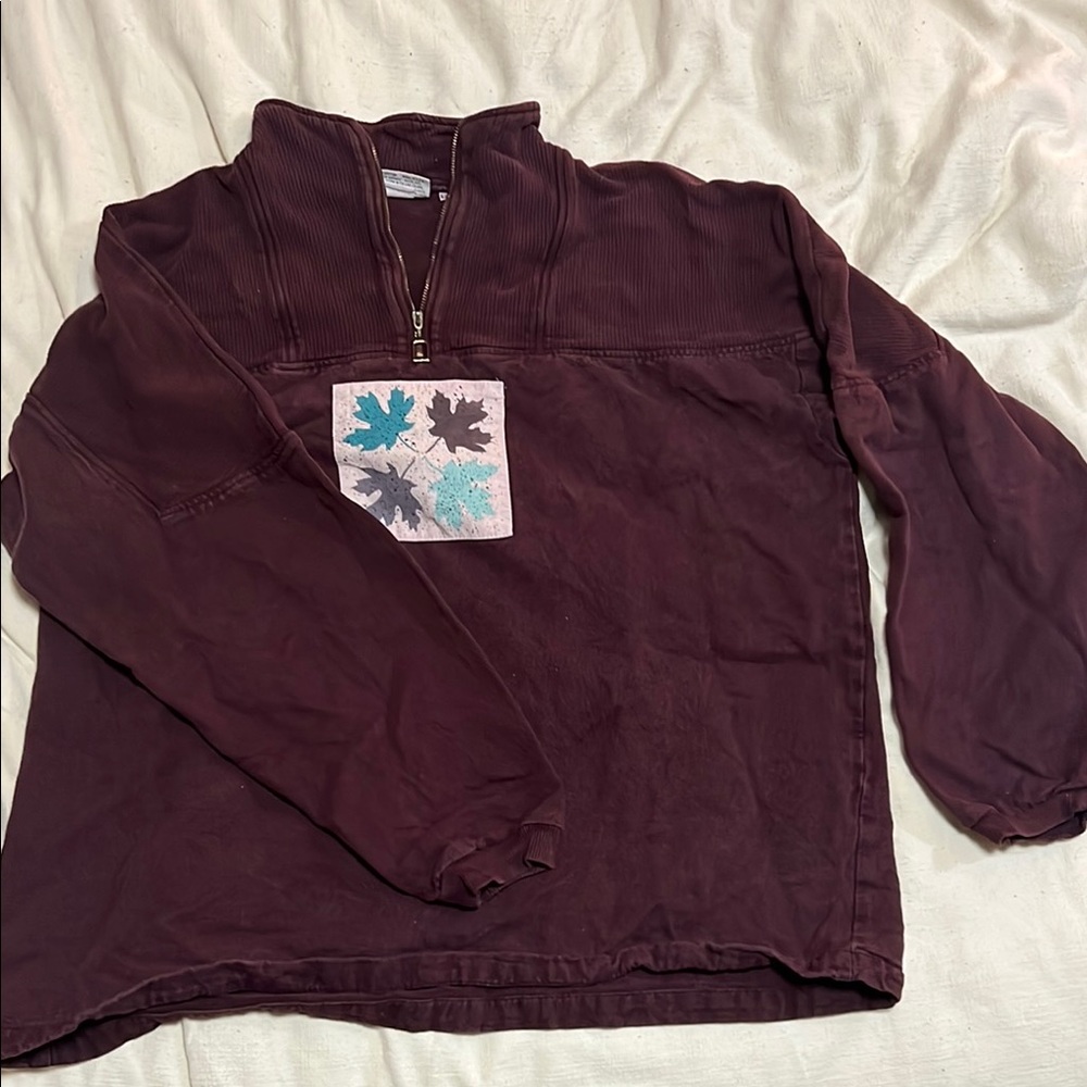 Vintage Purple Quarter-Zip Pullover with Leaf Patch